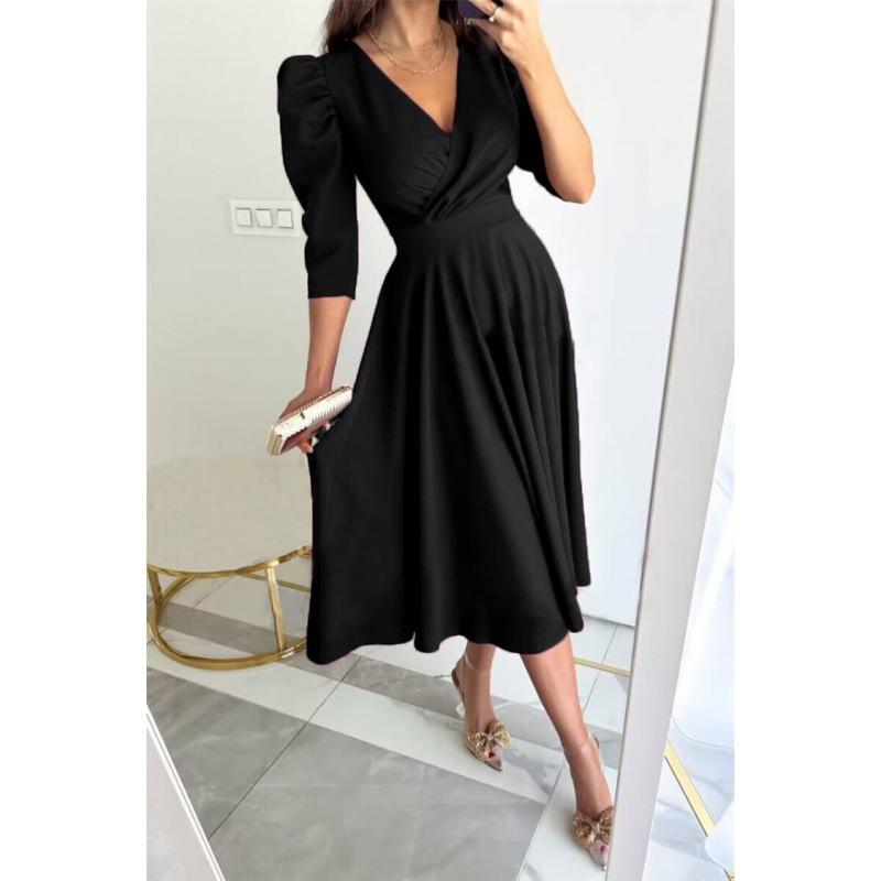 Autumn V-neck Waist-Cinching Bubble Sleeve Swing Dress