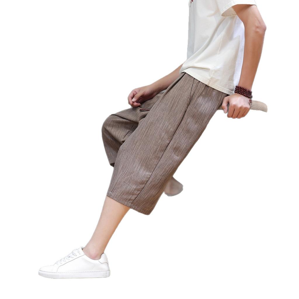 Summer Thin Men's Ice Silk Imitation Hemp Feel, Loose Casual Pants Striped Printed Cropped Pants