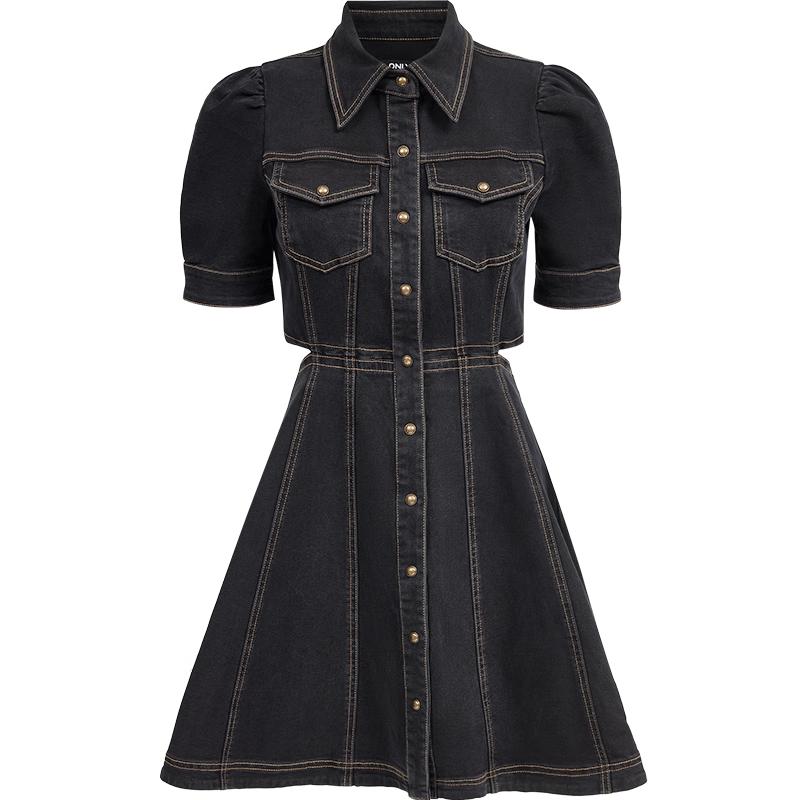 ONLY Women's Lapel Bubble Sleeve A-Line Denim Dress
