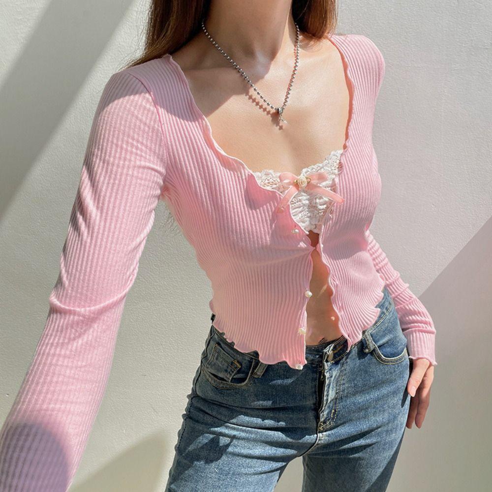 

Y2K Long Sleeve T Shirt Flower Crop Top Women Comfortable Hoodless Sweatshirt Spring M