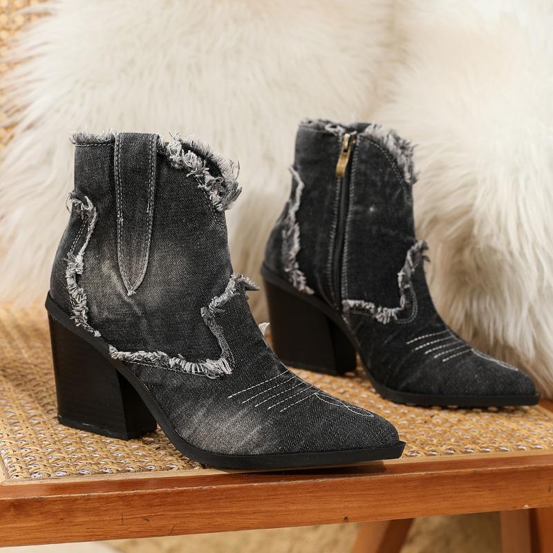 Fashion Denim Short Boots Female Shoes Fashion Side Zipper Pointed Toe Chunk Heels Booties Mujer Western Cowboy Boots Botas De Mujer