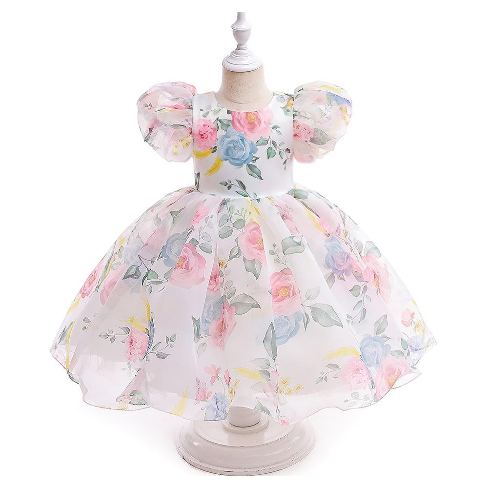 Girls' Formal Puff Sleeve Princess Dress - Floral Mesh Flower Girl Wedding Dress 2025