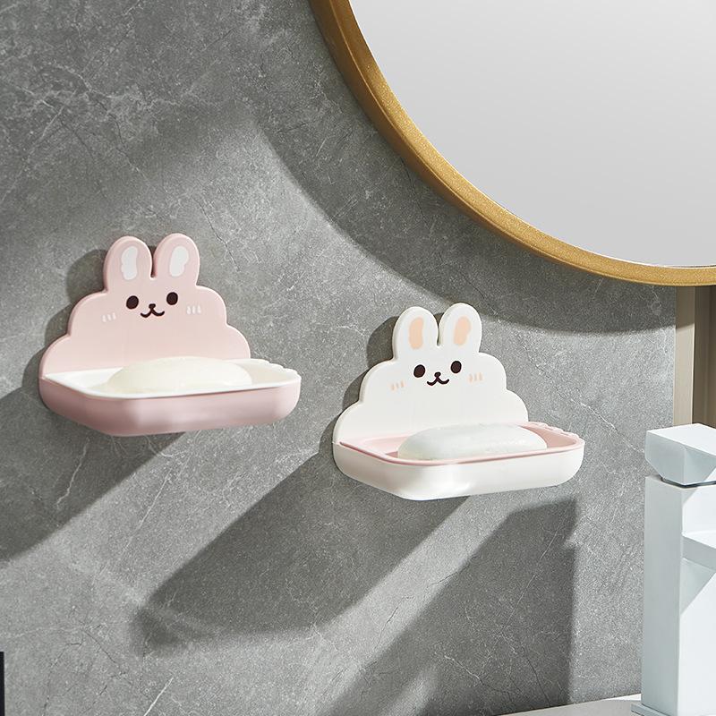 Cute Rabbits Soaps Box Holder Wall Mounted Punch Free Double-Layer Quick Drain Soaps Storage Case Bathroom Accessories