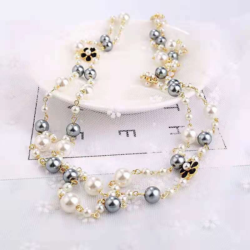 Long Pearl Necklace with Double-Sided Enamel Camellia Pendant, Coquette Aesthetic Y2K Minimalist French Chic Versatile Layering Chain for Women