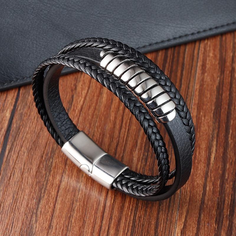 Men Bracelet Fashion Multi-layer Leather Stainless Steel Magnet Clasp Bangles Birthday Jewelry for Male Accessories Gifts