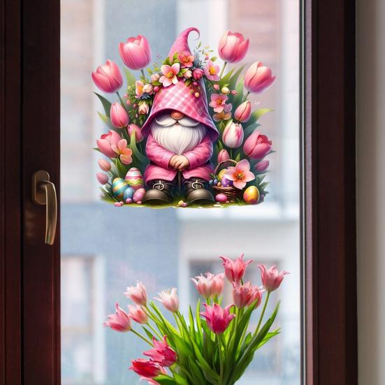 Tulip Gnome PVC Window Cling Waterproof Pink Floral Gnome Static Sticker Reusable Glass Door Decals for Classroom Home Office Party Decoration