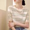 Summer Women's Knitted T-shirt Round Neck Loose Hollow Top Women's Ice Silk Knitted Base Shirt