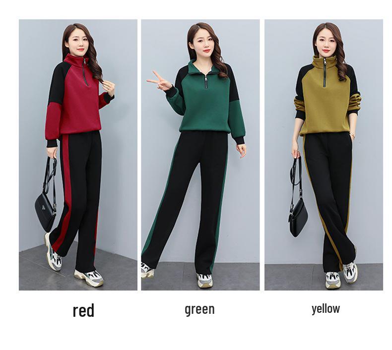 Women's Spring/Autumn Casual Sportswear Set - Loose, Age-Reducing, Spliced Sweatshirt Two-Piece Ensemble