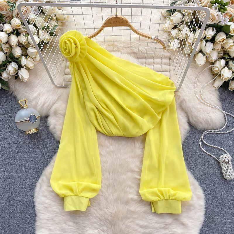 Shirt for Women 2024 New Design Sense Three-Dimensional Flower Diagonal Collar off-the-Shoulder Puff Sleeves French Tops Women's Spring Fashion