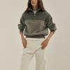 Autumn and Winter New Loose Casual Sweater Women's Semi-zipper Pullover Striped Knitted Sweater Top