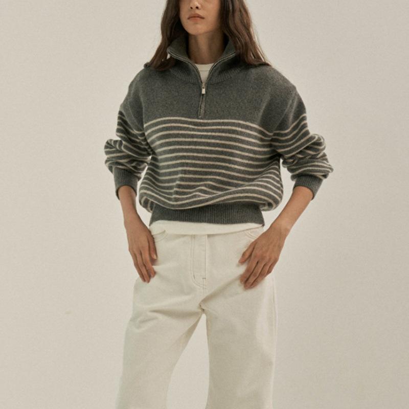 Autumn and winter new loose casual sweater women's semi-zipper pullover striped knitted sweater top