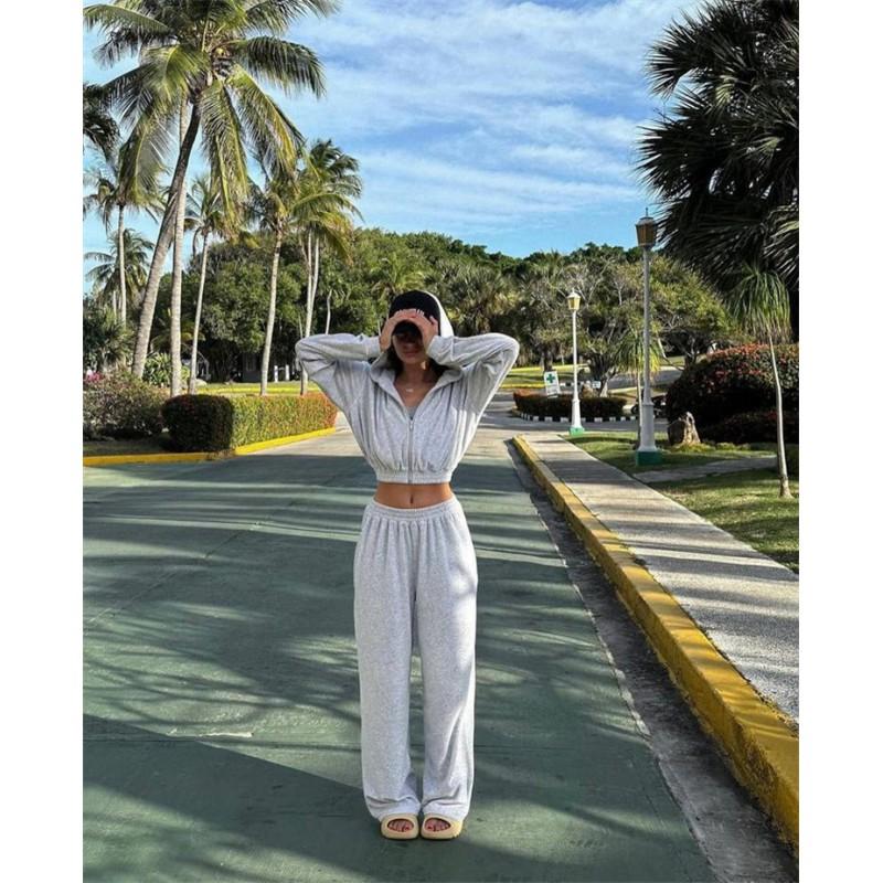 Womens Street Style Tracksuit Long Sleeve Zip Up Hoodie Elastic Waist Pants Two Piece Set
