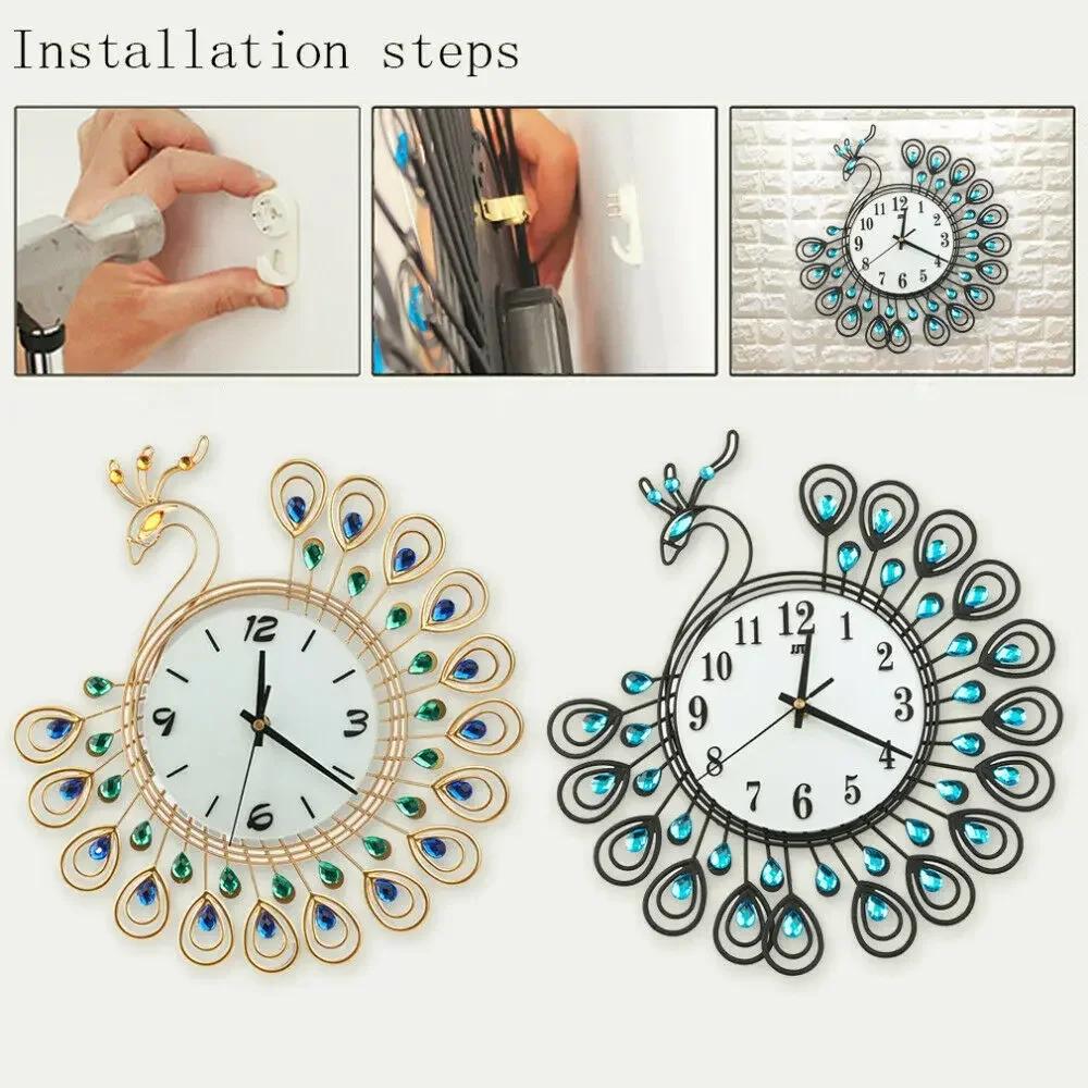 3D Peacock Wall Clock Metal Watch Diamond Flower Home Living Room Office DIY Clocks Crafts Ornaments Gift 38x38cm J1Z2R5