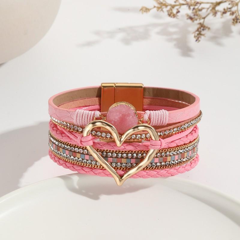 Boho Layered Leather Wrap Bracelet With Natural Stone Heart Charm Women