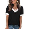Women's Fashion Casual Short-Sleeve V-Neck Patchwork Pullover Top