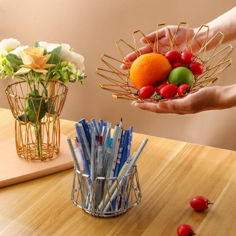 Foldable Fruit Bowl Large Capacity Foldable Creative Fruit Basket Scalable Iron Wire Basket Desktop Storage Hollow Basket