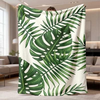1pc Glam Style Reversible Polyester Throw Blanket | Tropical Leaf Pattern Digital Print, Soft Warm AllSeason Multipurpose Nap Blanket for Home, Bedroo