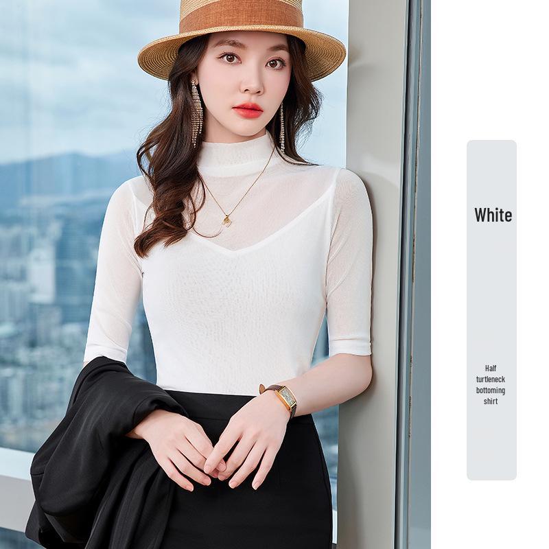 

Женский черный сетчатый топ с высоким воротником и кружевными длинными рукавами - стиль осени 2025 S