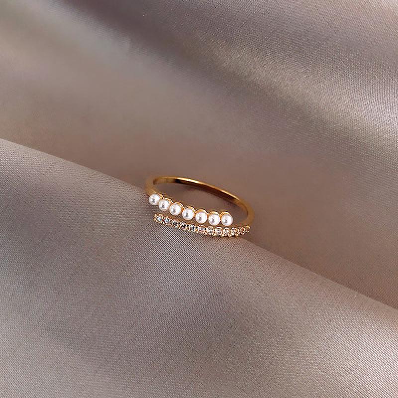 Double Layer Pearl Ring: Women's Cold Style Japanese Luxury Geometric Fashion Ring
