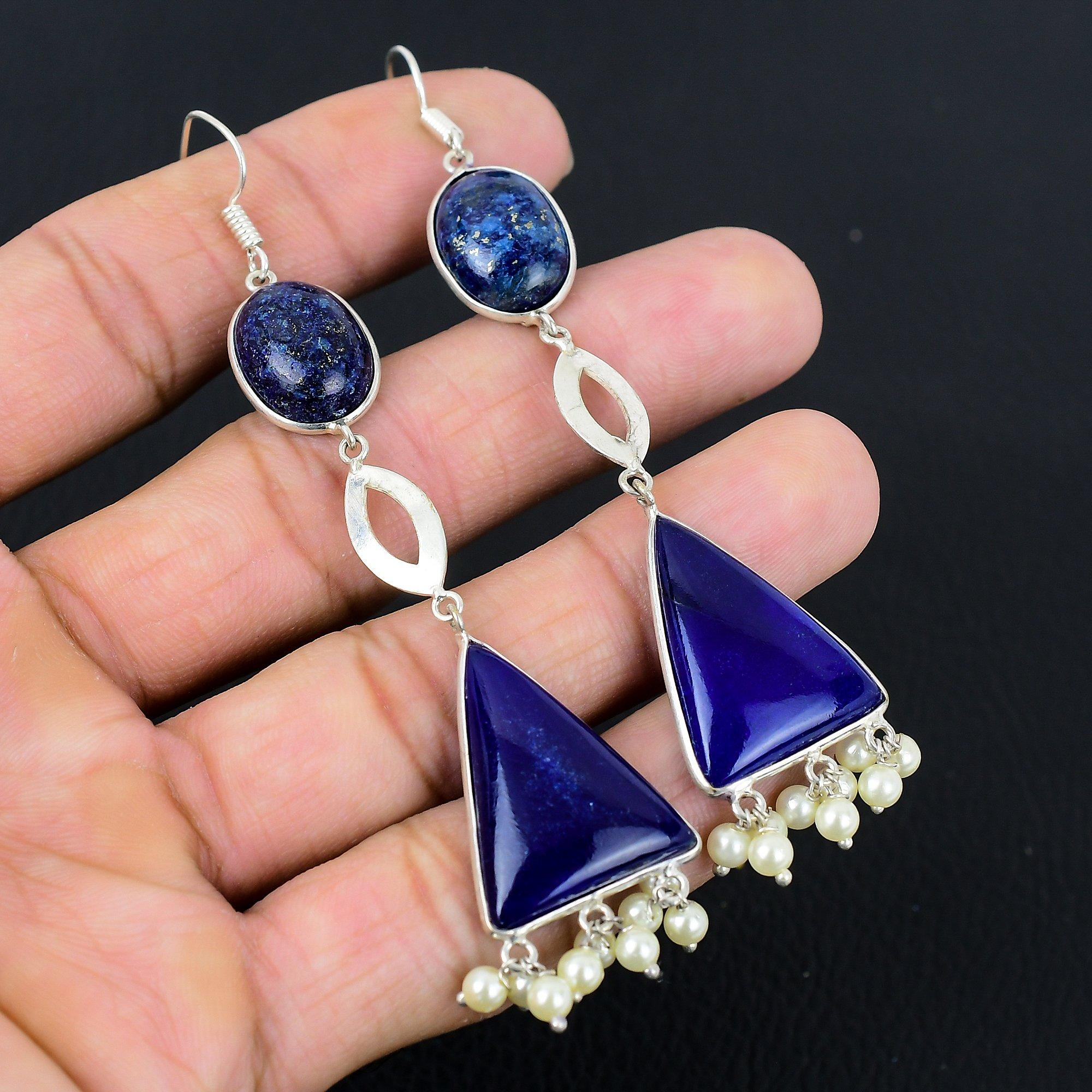 

925 Silver Trillion Lapis Lazuli Stone Hook Drop Dangle Sister Earrings Jewelry