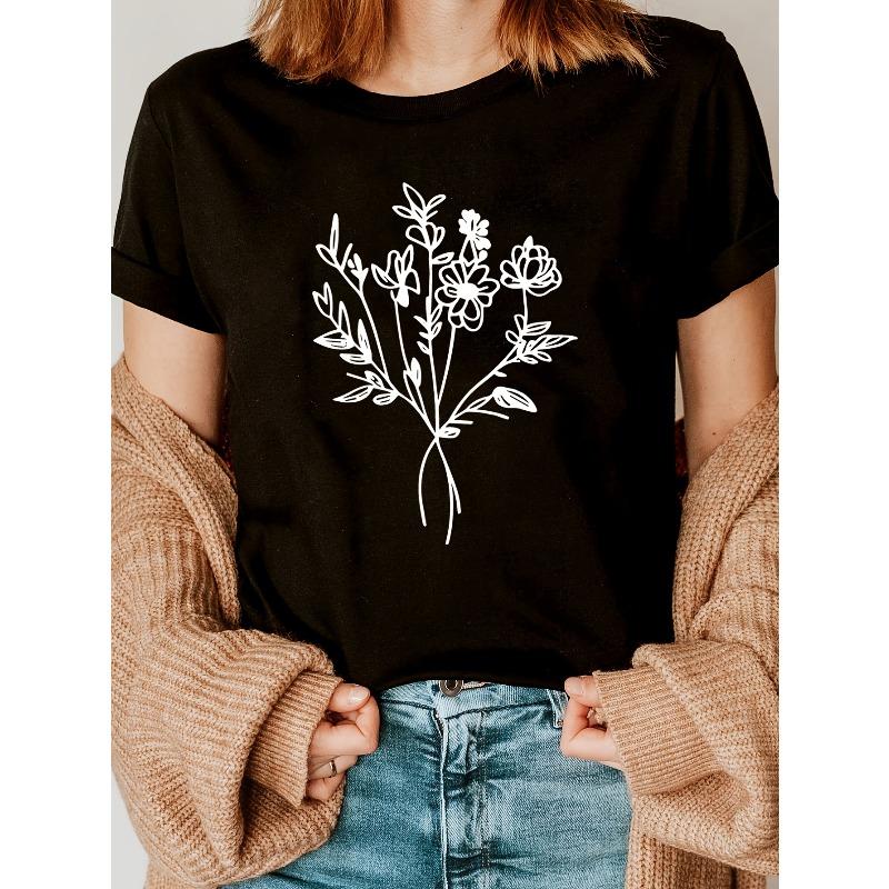 

Women Men Round Neck Short Sleeve T-Shirt Black White Floral Print Breathable Lightweight Casual Spring Summer Fall Birthday Anniversary Gift Top S чёрный