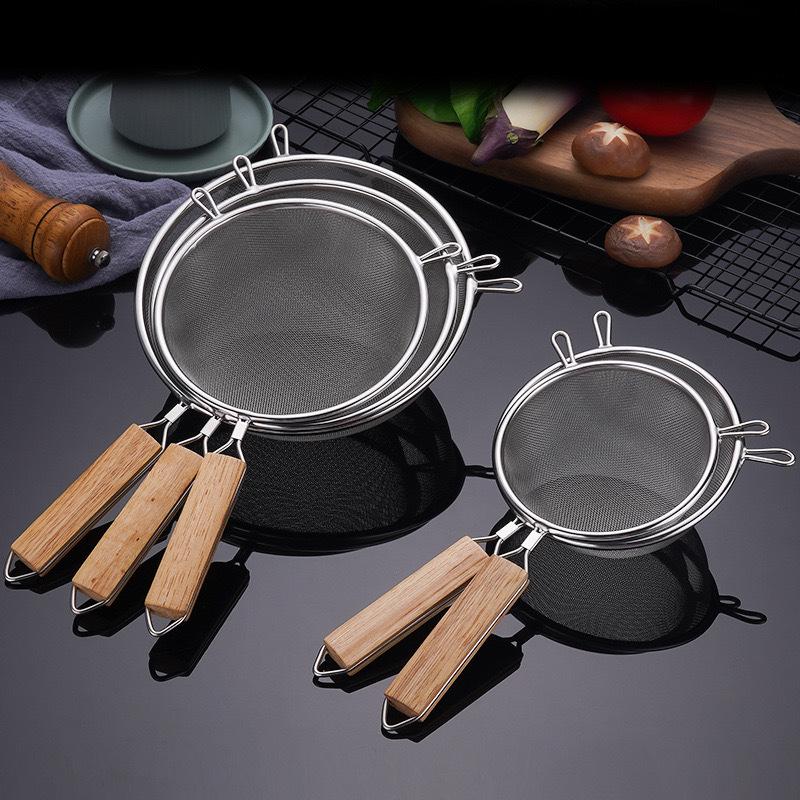 304 Stainless Steel Ladle & Skimmer with Wooden Handle, Double Ear Design for Kitchen Straining