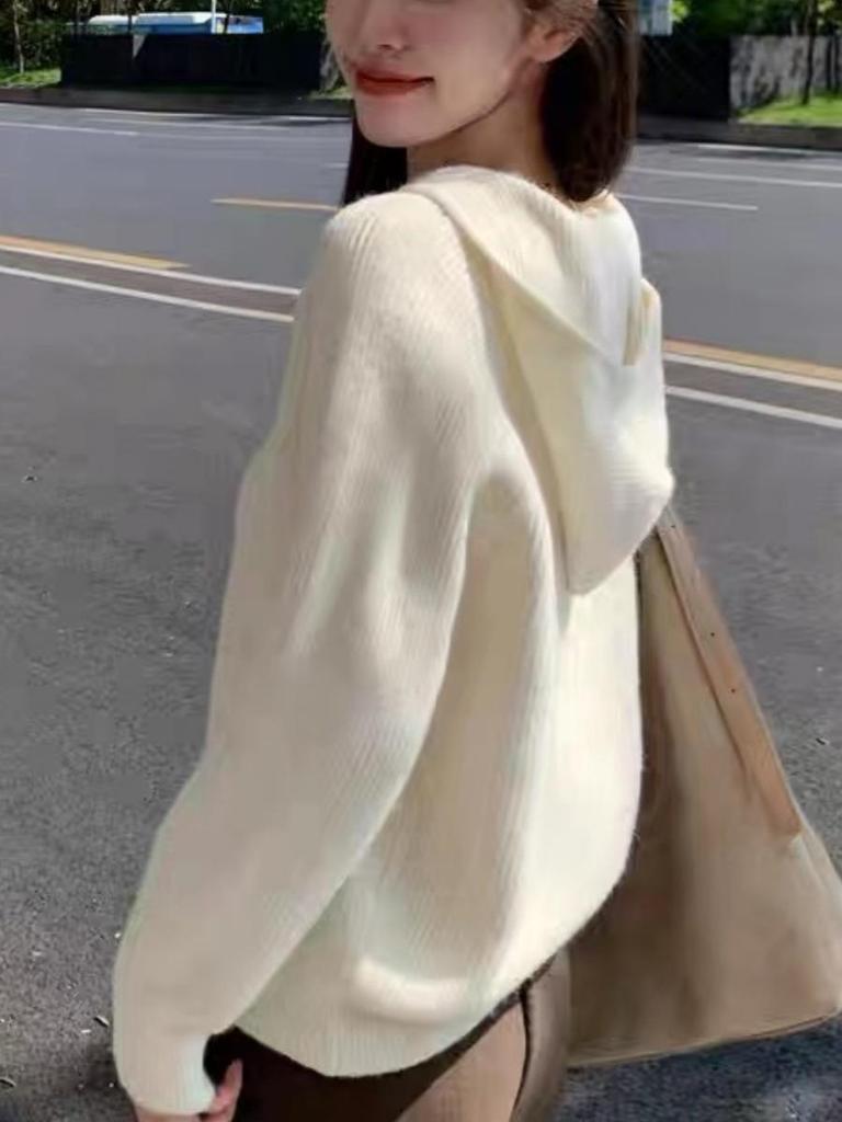 Women's Loose Fit Double Zipper Hooded Knit Cardigan - Cashmere Sweater for Autumn & Winter