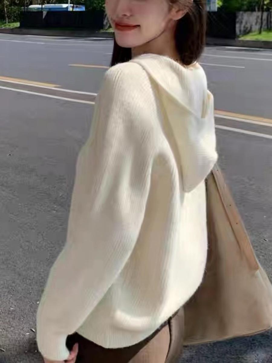 

Женский трикотажный кардиган с капюшоном на двойной молнии свободного кроя - Кашемировый свитер на осень и зиму One Size 85-125 абрикосовый