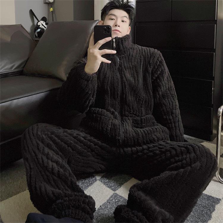 

Мужская плюшевая зимняя пижама – плотный коралловый флис, подходит для подростков, с молнией, подходит для ношения на открытом воздухе в качестве домашней одежды L