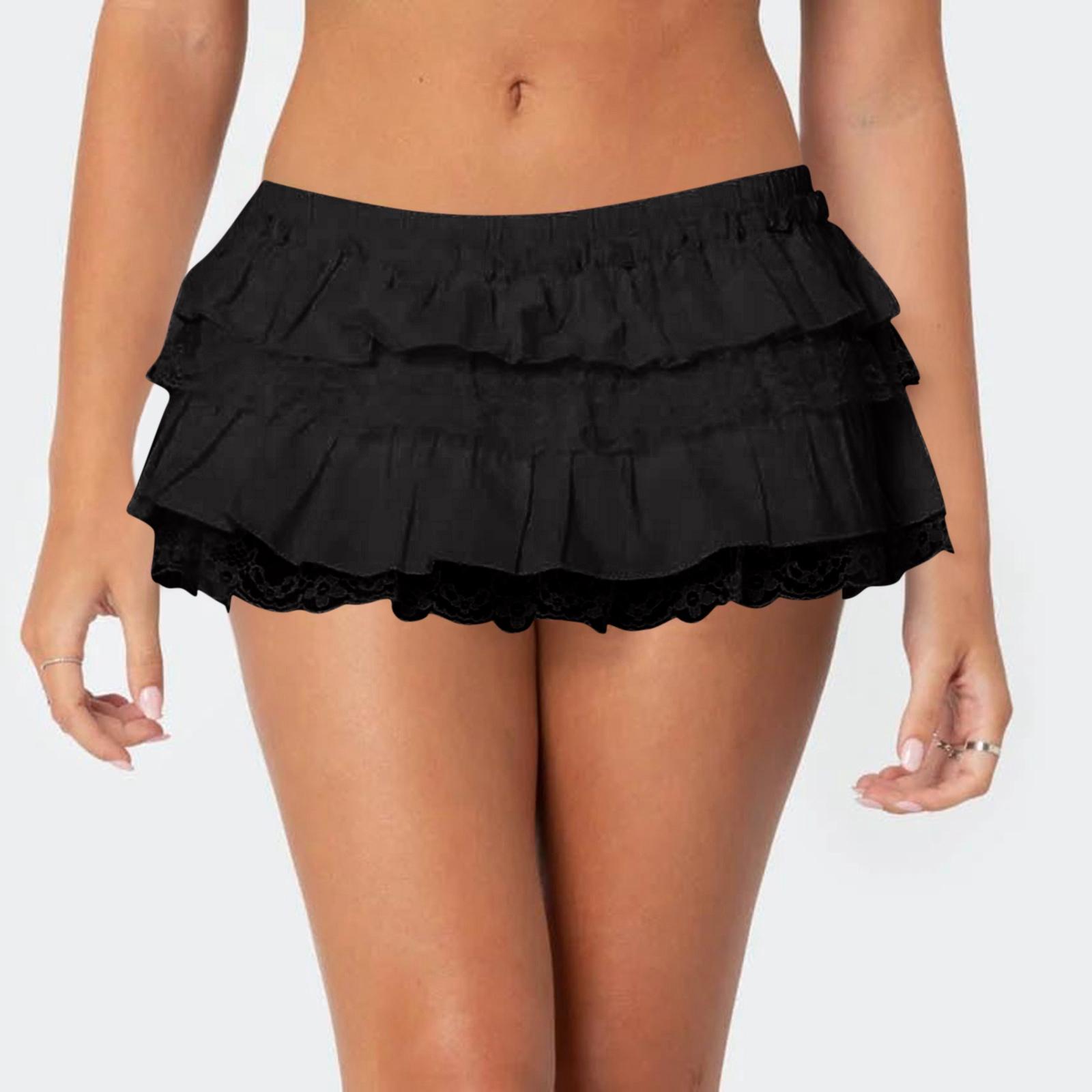 

Women s Fashionable Solid Color Sexy Lace Pleated Patchwork A-line Skirt L чорний