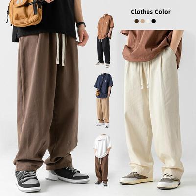 Plus Size Japanese Style Men's Casual Spring Autumn Draped Cotton Trousers Vintage Double-Pleated Drawstring Long Pants