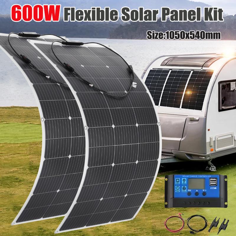 600W 300W Flexible Solar Panel With 60A Controller Kit Bendable Waterproof Monocrystalline Solar Cell for Camping Car RV Boat