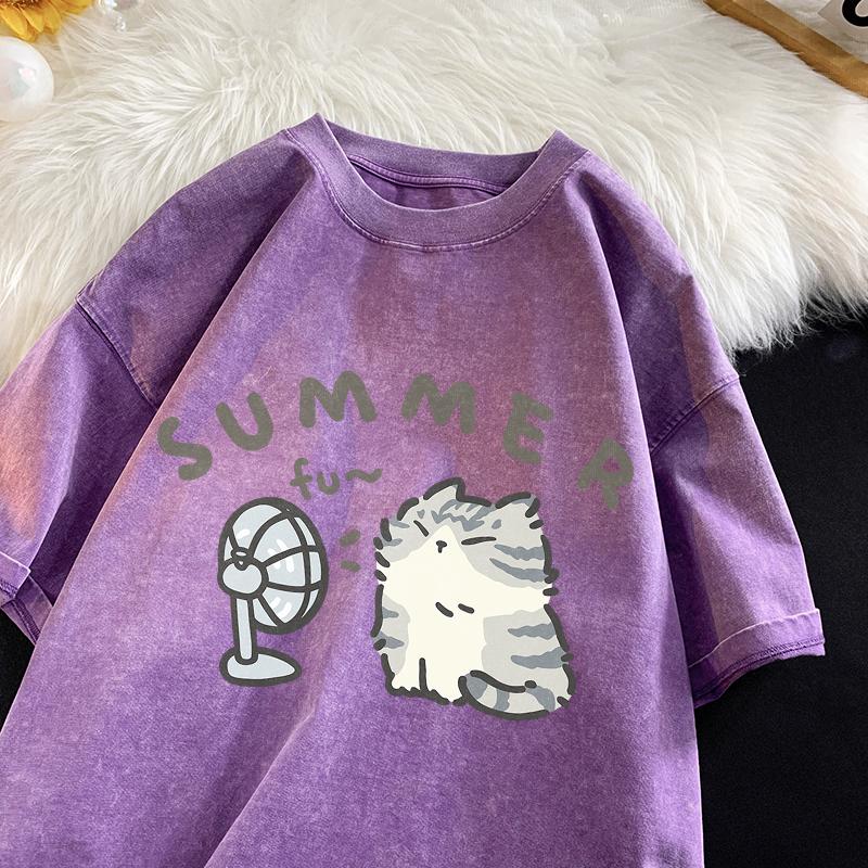 American Street Creative Blow Fan Cat Pure Cotton T-shirt Men Women Summer Relaxed Short Sleeve Couple Vintage Water Washing Top