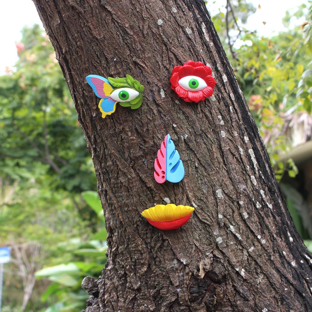 Yousheng Tree Face Decor Outdoor Flower Tree Face Sculpture Colorful Flower Face Ornament for Garden Fence Decoration Yard Art