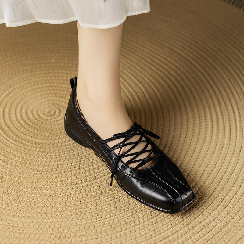 Móda 2025 Jaro Nové Dámské Lodičky s Nízkým Podpatkem Čtvercová Špička Základní Neformální Pracovní Pohodlné Měkké Pravá Kůže Černé Stručné Boty Žena