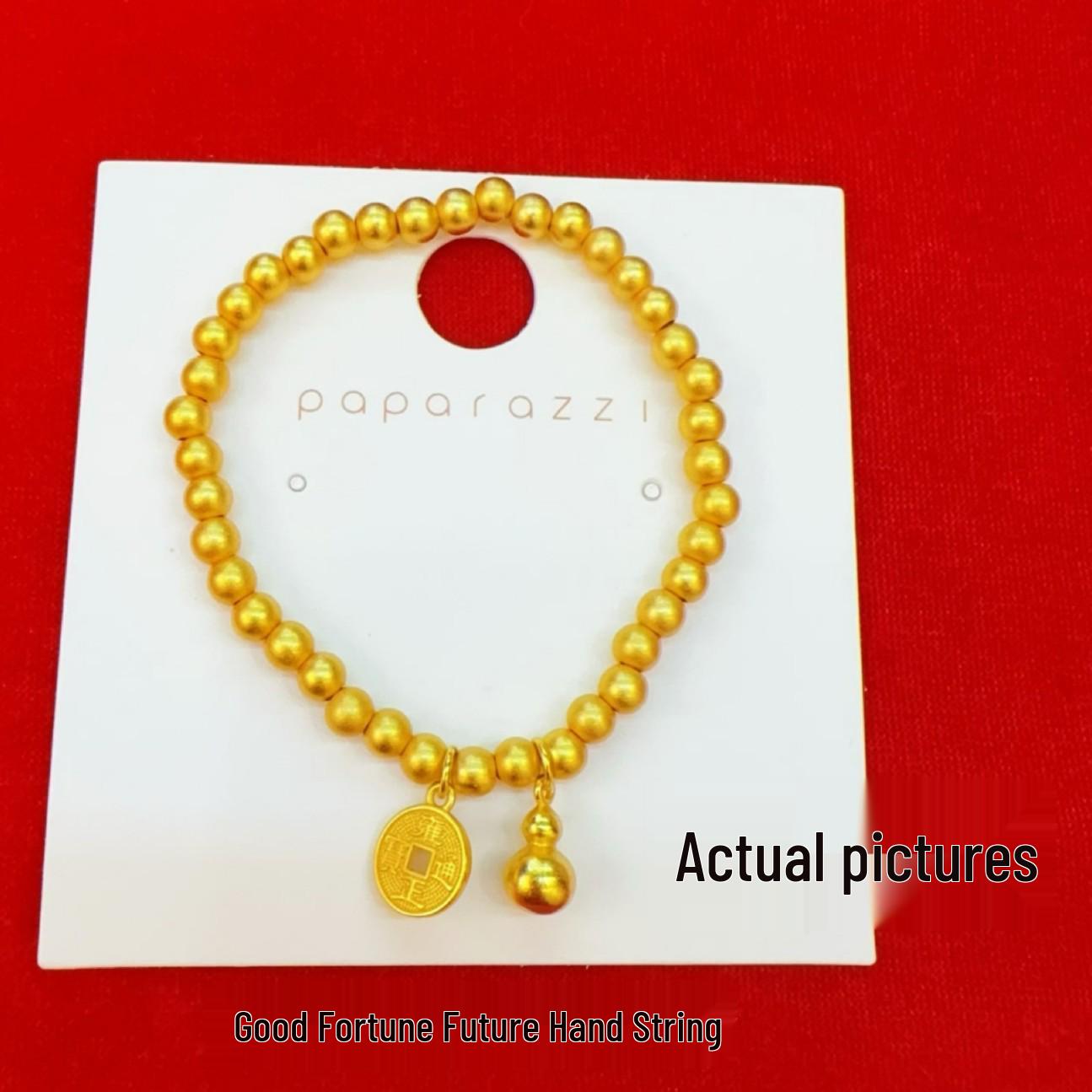 Ancient Sand Gold Fu Lu Qian Cheng Bracelet: Chinese Style Women s Beaded Jewelry with Round Beads, Gourd, and Copper Coin.