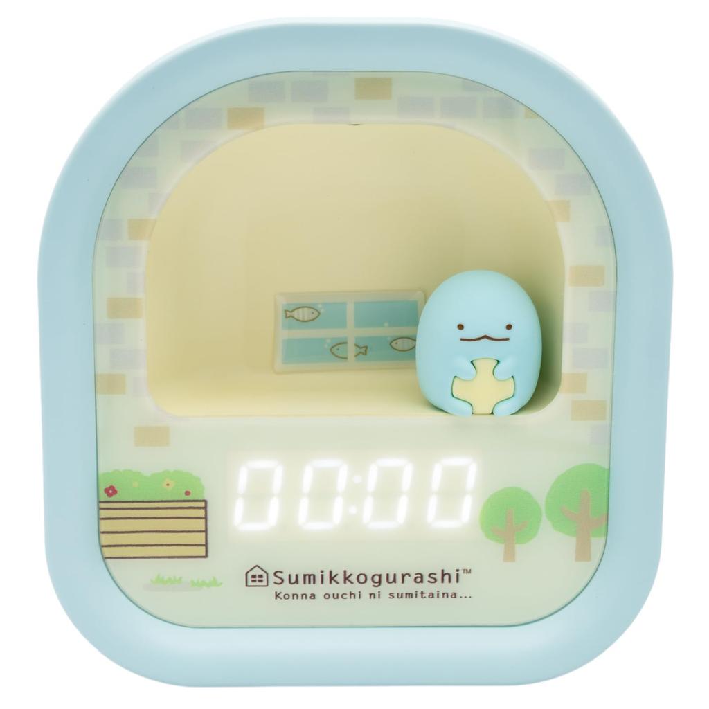 ALIAS Digital Desk Clock with Sumikkogurashi 3D Figure, LED Light, 2-Way Power Supply, Stickers Included, Decorative, Blue Lizard (AC24026SXSG-BU)