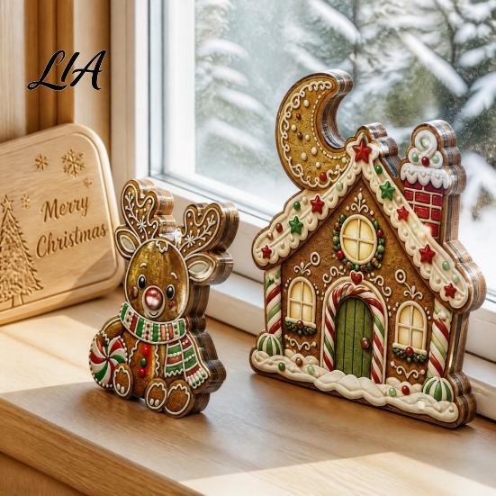 Christmas Party Supplies 3Pcs Gingerbread House/Elk/Santa Claus Ornaments, Tiered Tray Decor, Festive Fireplace Ornaments Rustic Wooden Figurines for