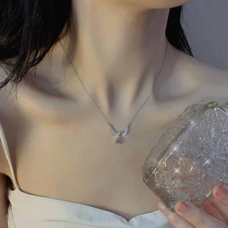 925 Sterling Silver Inlaid Zircon Angel Wings Necklaces for Women Clavicle Chain Moonstone Pendant Choker Luxury Jewelry