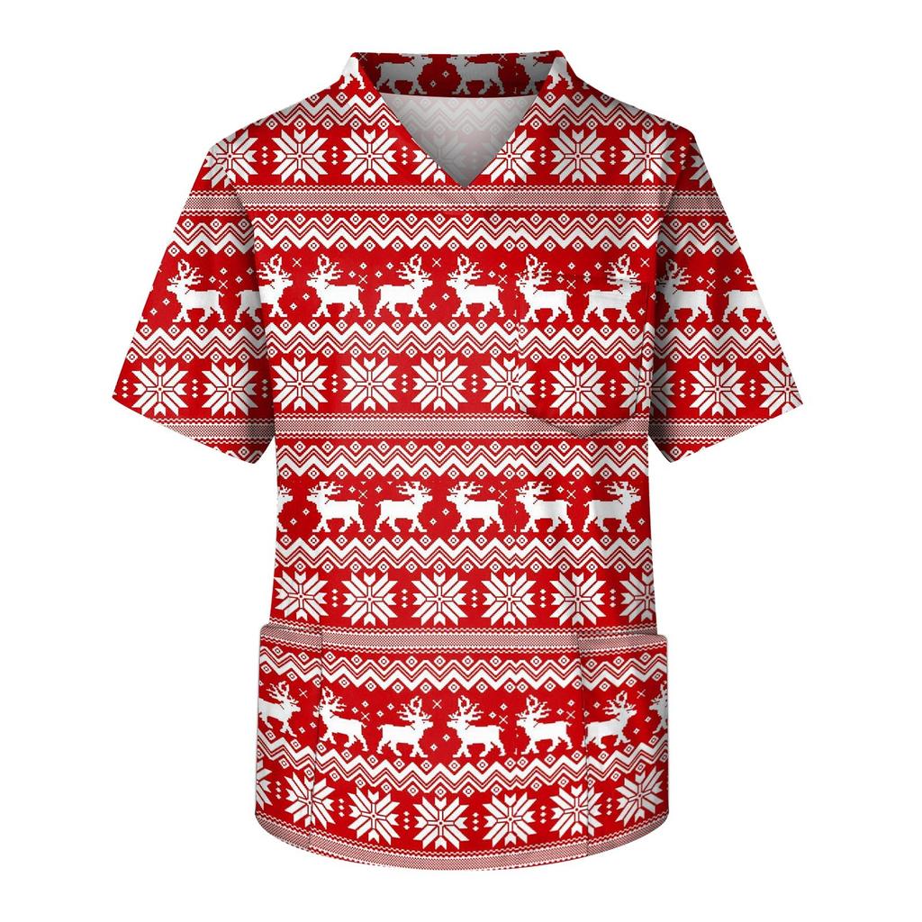 Heren Korte Mouw V-Hals Kerstprint Borstzak Zorgtop