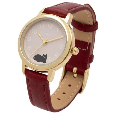 Fieldwork Analog Watch with Leather Animal Soft and Fluffy Cat Women's Strap, Watch, Design, Red, JN035-5