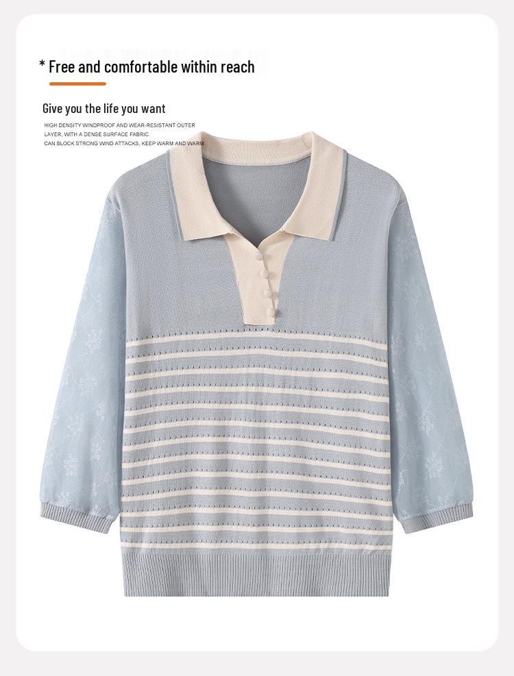 Mother's Spring Knit Lapel Striped Top for Middle-Aged & Elderly Women - Seven-Sleeve Loose T-Shirt.