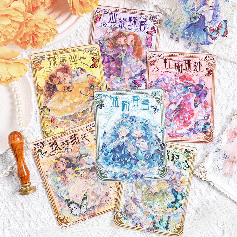 6 pcs Flash laser PET Stickers aesthetic Kawaii Cartoon Girl Decorative collage Diary Album Adhesive Diy Scrapbooking material