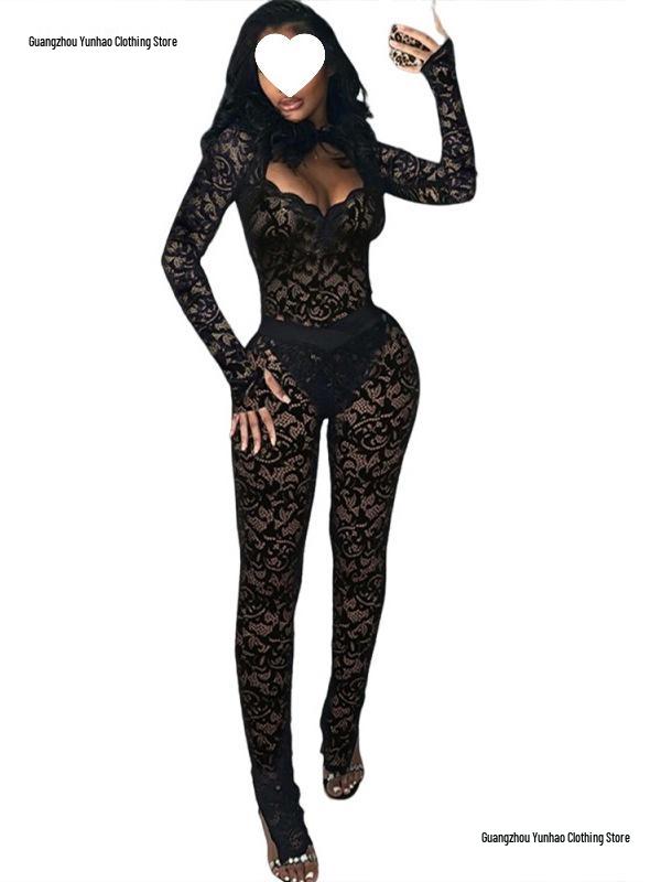 European & American Style 2026 Autumn Street Hot Girl Lace See-through Tight-fitting Pants Set