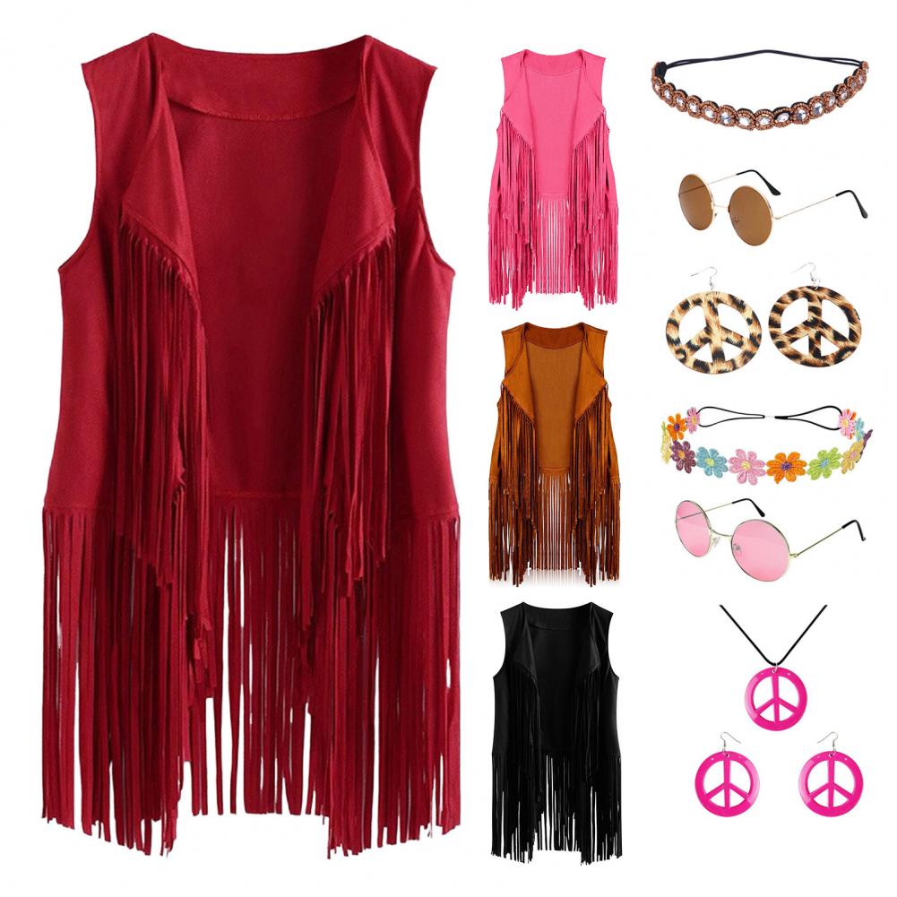 5 Pcs/Set Women Vest with Headband Sunglasses Necklace And Earrings Tassel Cardigan Waistcoat Retro 60s 70s Dance Party Disco Co