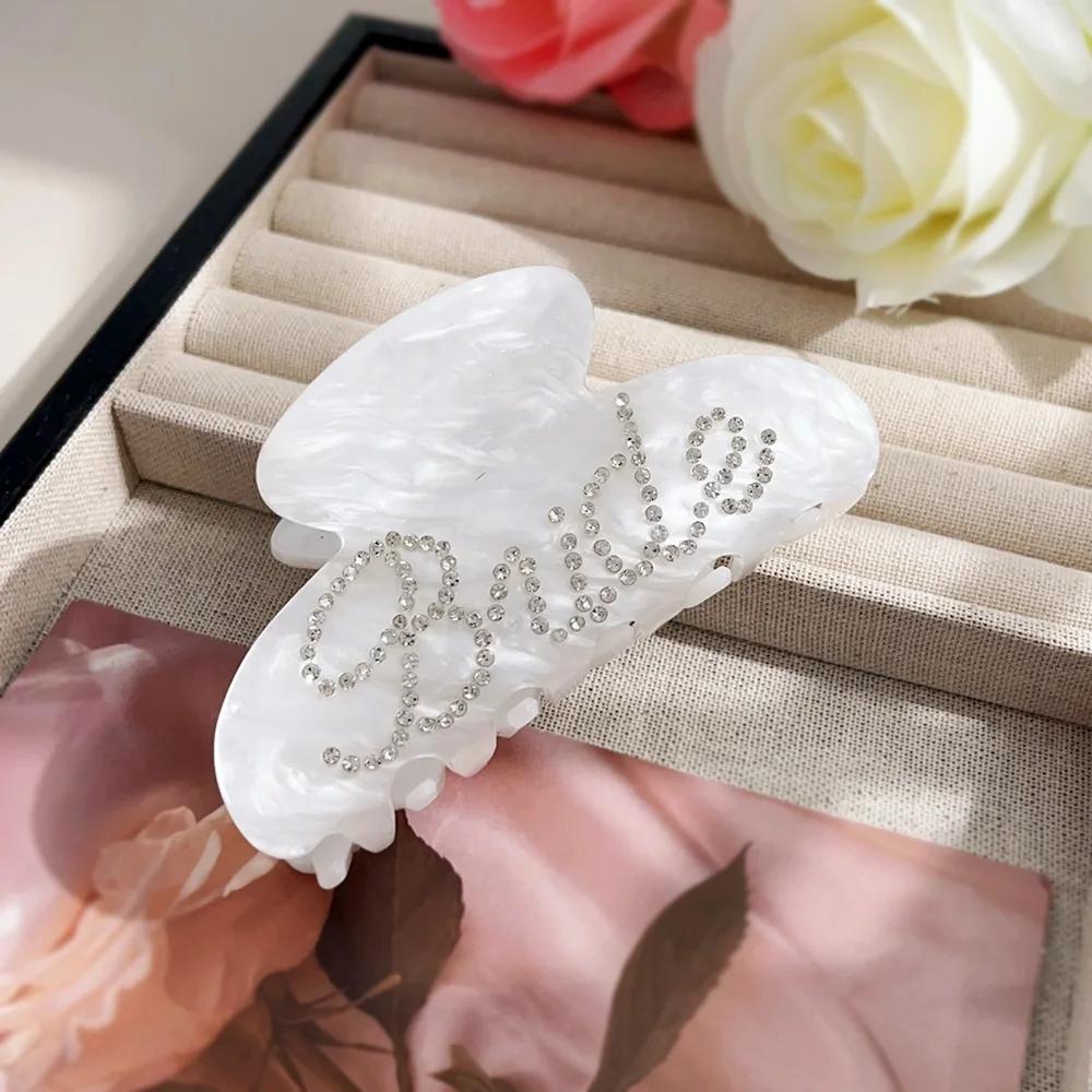 Elegant Shinning Rhinestone Bride Letter Big Acetate Hair Claw Clips for Women White Pink Hair Styling Accessories Wedding Gift