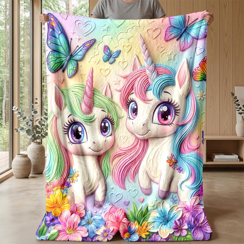 Colorful Unicorn and Rainbow Blanket Personalized Name Flannel Blanket Soft Cozy Plush Throw for Sofa Bed Lightweight Home Decor