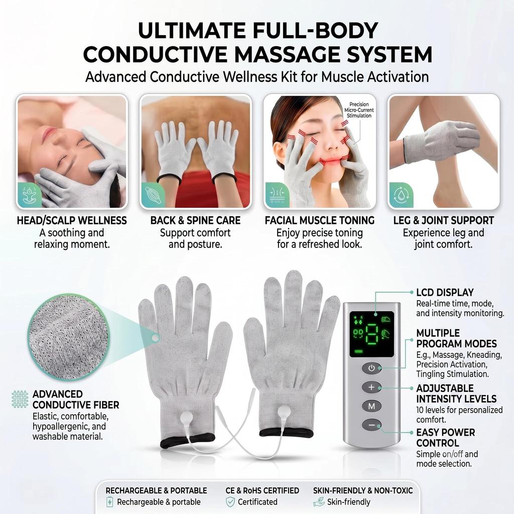 TENS EMS Massage Gloves 4 Mode 9 Level Hand Muscle Relaxation Device Beauty Spa Wellness Tool USB Rechargeable Silver Fiber