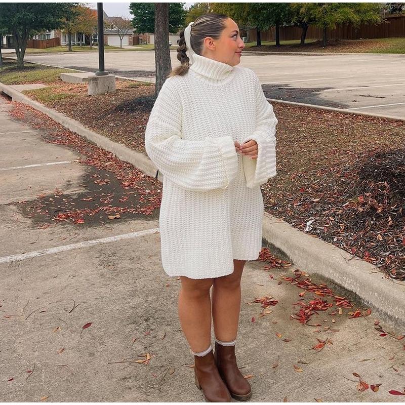 Casual Knitted Pullover Dress Women Turtleneck Long Sleeve Ribbed Female Sweater Autumn Winter Fashion Lady Warm Outwears