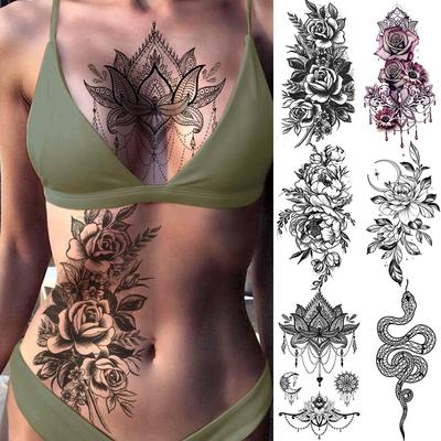 Adesivi per tatuaggi con trasferimento d'acqua per gioielli in rosa viola, per donne, corpo, petto, arte, tatuaggio temporaneo, ragazza, braccialetto in vita, tatuaggi flash fiore